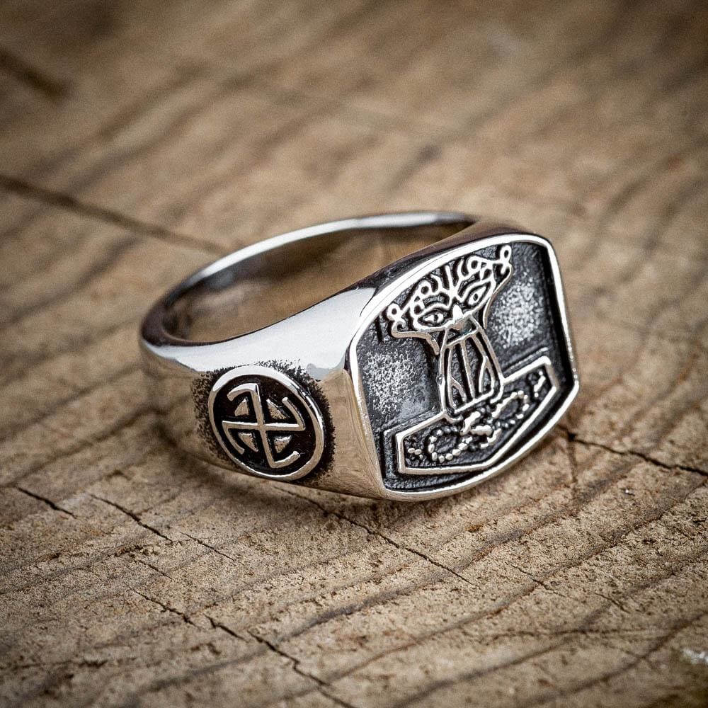 Stainless Steel 'Aged' Mjolnir Signet Ring-Viking Ring-Norse Spirit