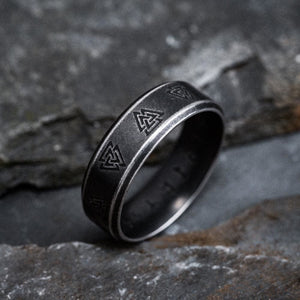 Stainless Steel Aged Valknut and Rune Ring-Viking Ring-Norse Spirit