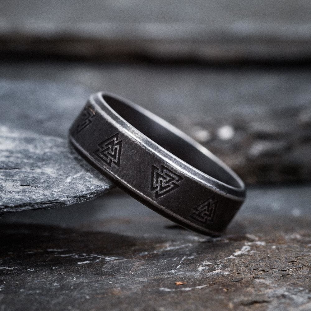Stainless Steel Aged Valknut and Rune Ring-Viking Ring-Norse Spirit