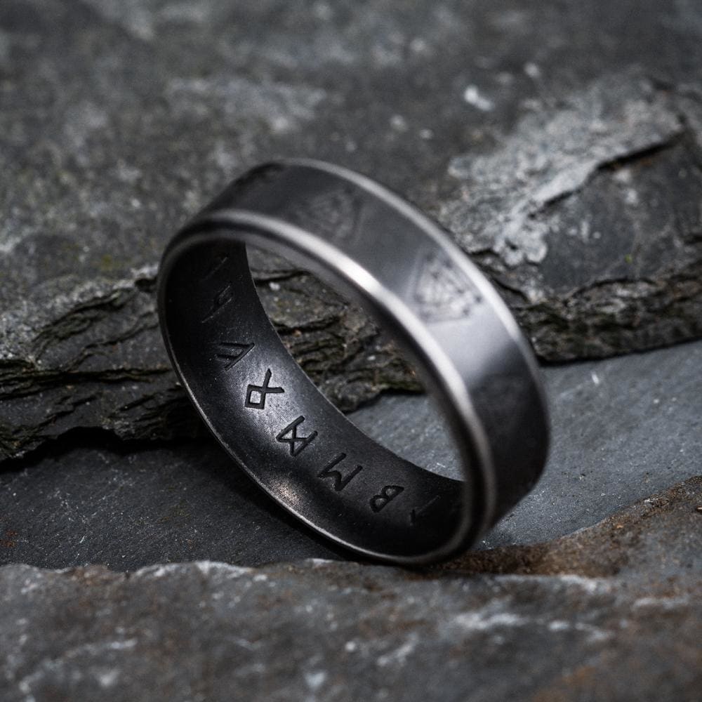 Stainless Steel Aged Valknut and Rune Ring-Viking Ring-Norse Spirit