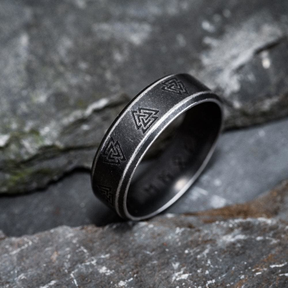 Stainless Steel Aged Valknut and Rune Ring-Viking Ring-Norse Spirit
