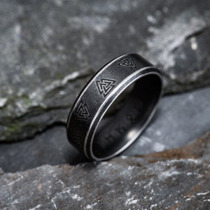 Stainless Steel Aged Valknut and Rune Ring-Viking Ring-Norse Spirit