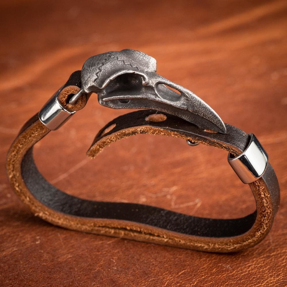 Stainless Steel and Leather Raven Skull Bracelet-Viking Bracelet-Norse Spirit