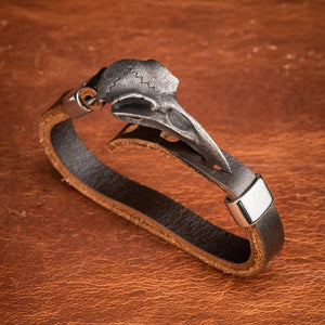 Stainless Steel and Leather Raven Skull Bracelet-Viking Bracelet-Norse Spirit