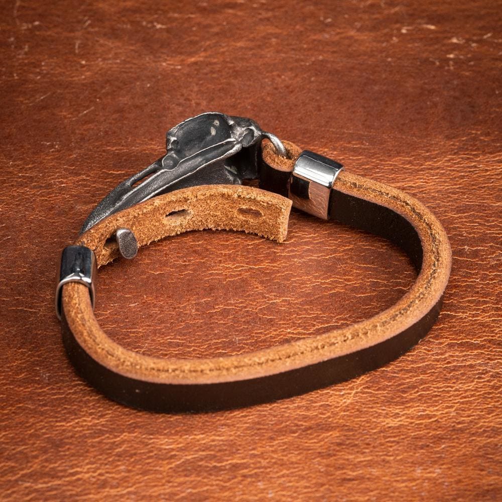 Stainless Steel and Leather Raven Skull Bracelet-Viking Bracelet-Norse Spirit