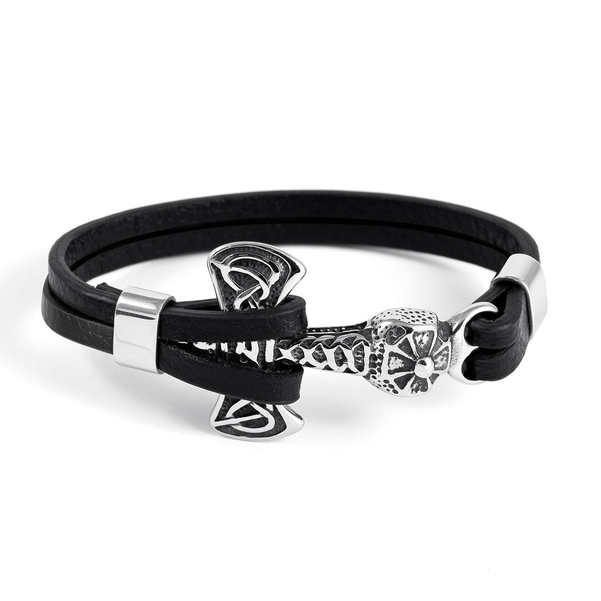 Stainless Steel and Leather Thor’s Hammer Wristband - Norse Spirit