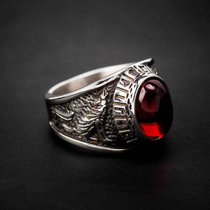 Stainless Steel and Red Stone Wolf and Raven Ring-Viking Ring-Norse Spirit