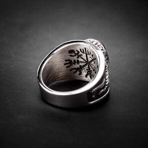 Stainless Steel and Red Stone Wolf and Raven Ring-Viking Ring-Norse Spirit