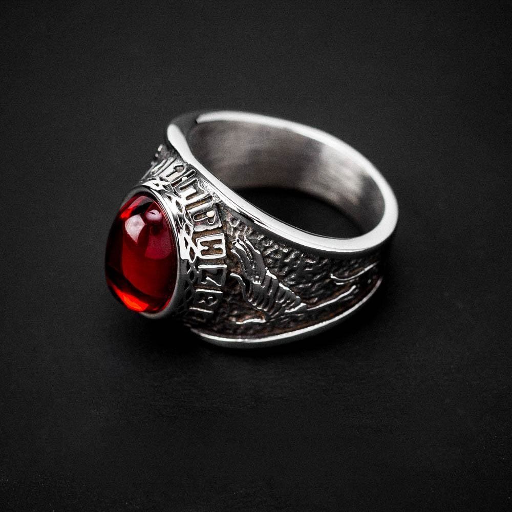 Stainless Steel and Red Stone Wolf and Raven Ring-Viking Ring-Norse Spirit