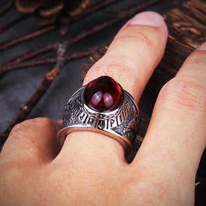 Stainless Steel and Red Stone Wolf and Raven Ring