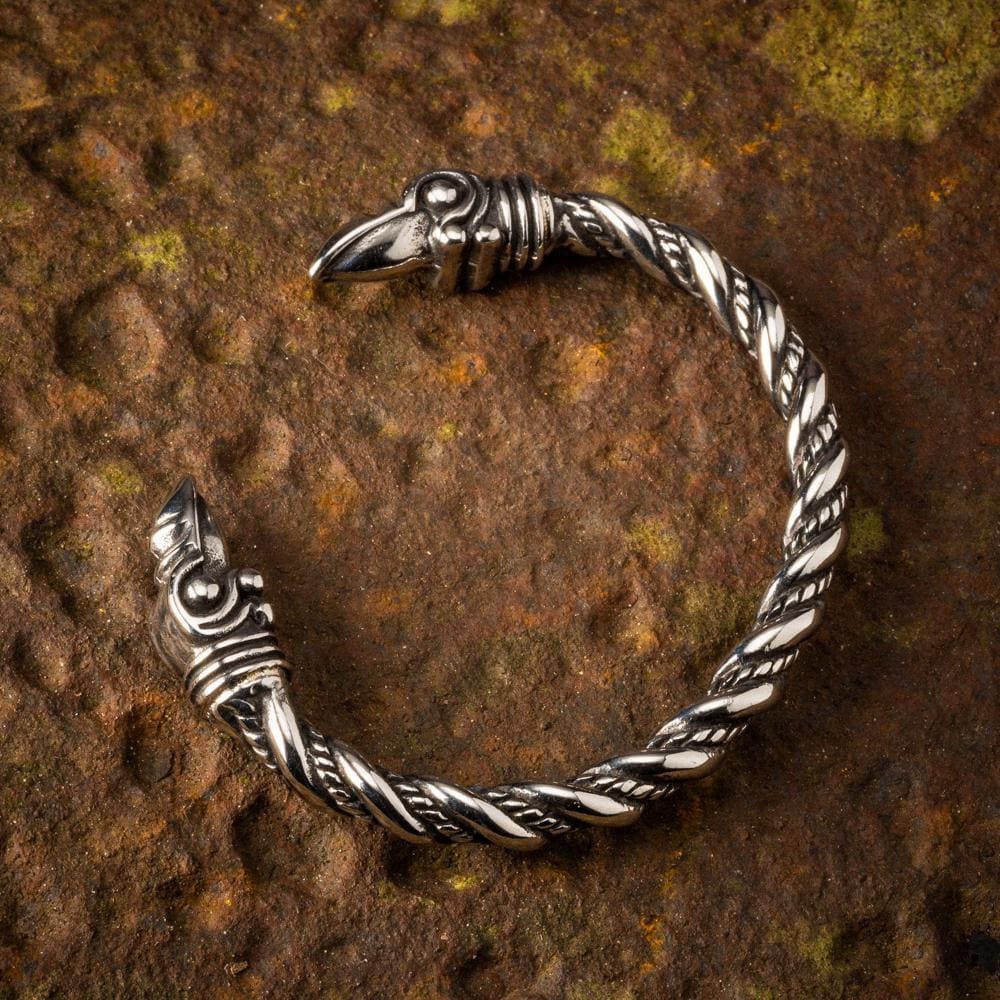 Stainless Steel Beaded Spiral Raven Head Torc Bracelet-Viking Bracelet-Norse Spirit