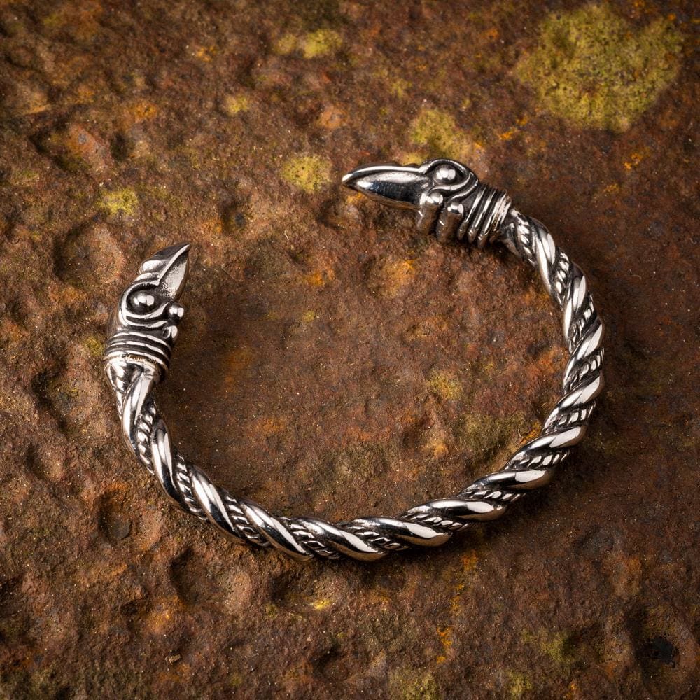 Stainless Steel Beaded Spiral Raven Head Torc Bracelet-Viking Bracelet-Norse Spirit