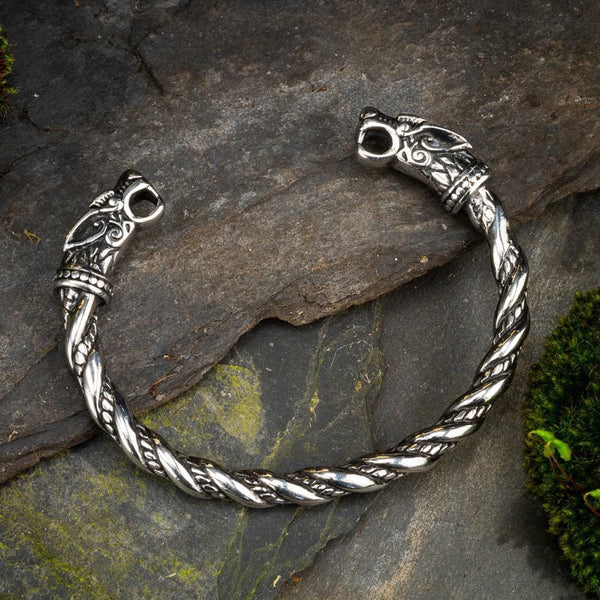Stainless Steel Beaded Spiral Wolf Head Torc Bracelet - Norse Spirit