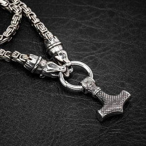 Stainless Steel Bear Head Kings Chain With Stainless Steel Mjolnir Pendant-Viking Necklace-Norse Spirit