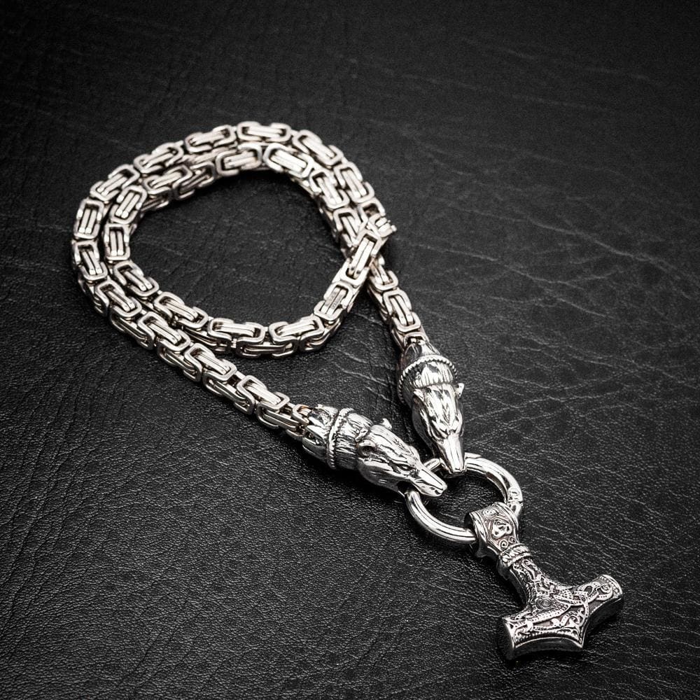 Stainless Steel Bear Head Kings Chain With Stainless Steel Mjolnir Pendant-Viking Necklace-Norse Spirit