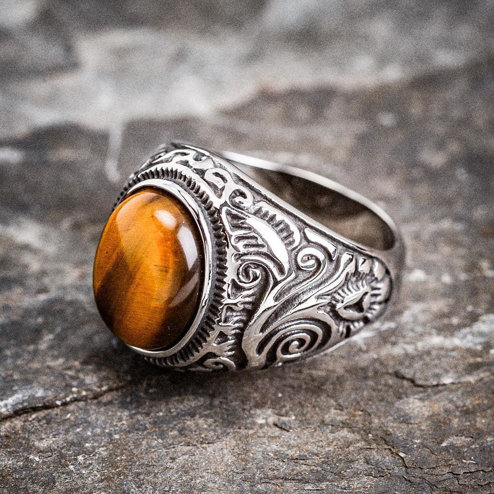 Stainless Steel Celtic Scroll Ring With Inset Stone - Norse Spirit
