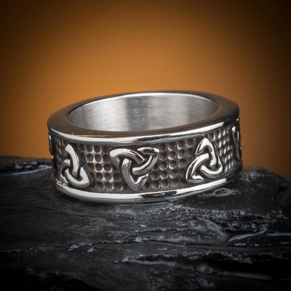 Men's Stainless Steel Viking Wolf Ring With Celtic Triquetra - Norse Mythology Gothic Jewelry - Size 7