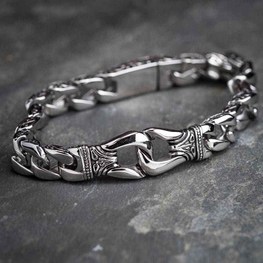 Stainless Steel Chunky Curb Link Bracelet With Celtic Designs-Viking Bracelet-Norse Spirit