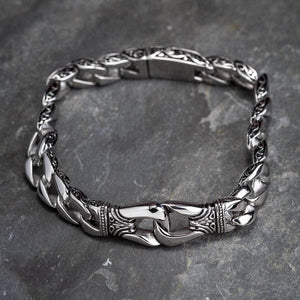 Stainless Steel Chunky Curb Link Bracelet With Celtic Designs-Viking Bracelet-Norse Spirit