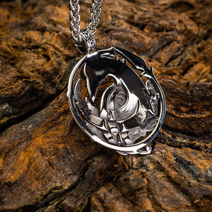 Stainless Steel Circular Raven and Knotwork Necklace