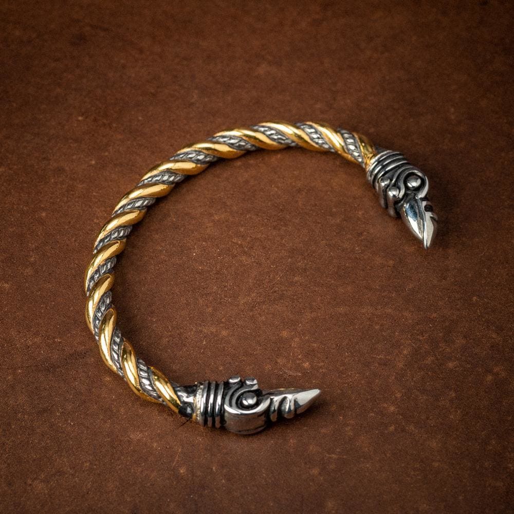 Stainless Steel Dual Color Beaded Spiral Raven Head Torc - Norse Spirit