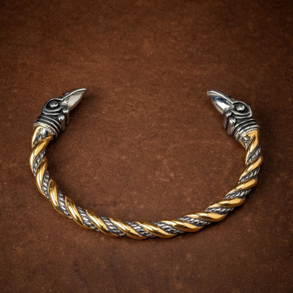 Stainless Steel Dual Color Beaded Spiral Raven Head Torc Bracelet-Viking Bracelet-Norse Spirit