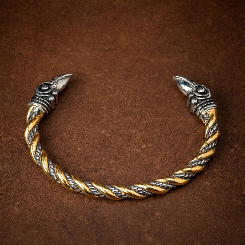 Stainless Steel Dual Color Beaded Spiral Raven Head Torc - Norse Spirit