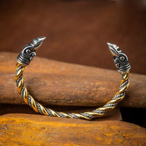Stainless Steel Dual Color Beaded Spiral Raven Head Torc Bracelet-Viking Bracelet-Norse Spirit