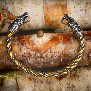 Stainless Steel Dual Color Beaded Spiral Wolf Head Torc Bracelet-Viking Bracelet-Norse Spirit
