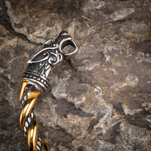 Stainless Steel Dual Color Beaded Spiral Wolf Head Torc Bracelet-Viking Bracelet-Norse Spirit