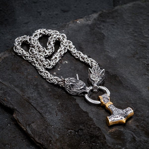 Stainless Steel Dual Color Mjolnir on Woven Stainless Steel Kings Chain-Viking Necklace-Norse Spirit