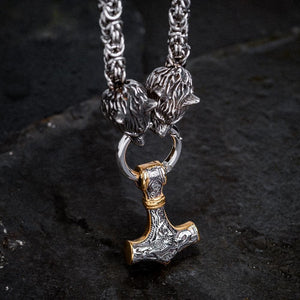 Stainless Steel Dual Color Mjolnir on Woven Stainless Steel Kings Chain-Viking Necklace-Norse Spirit