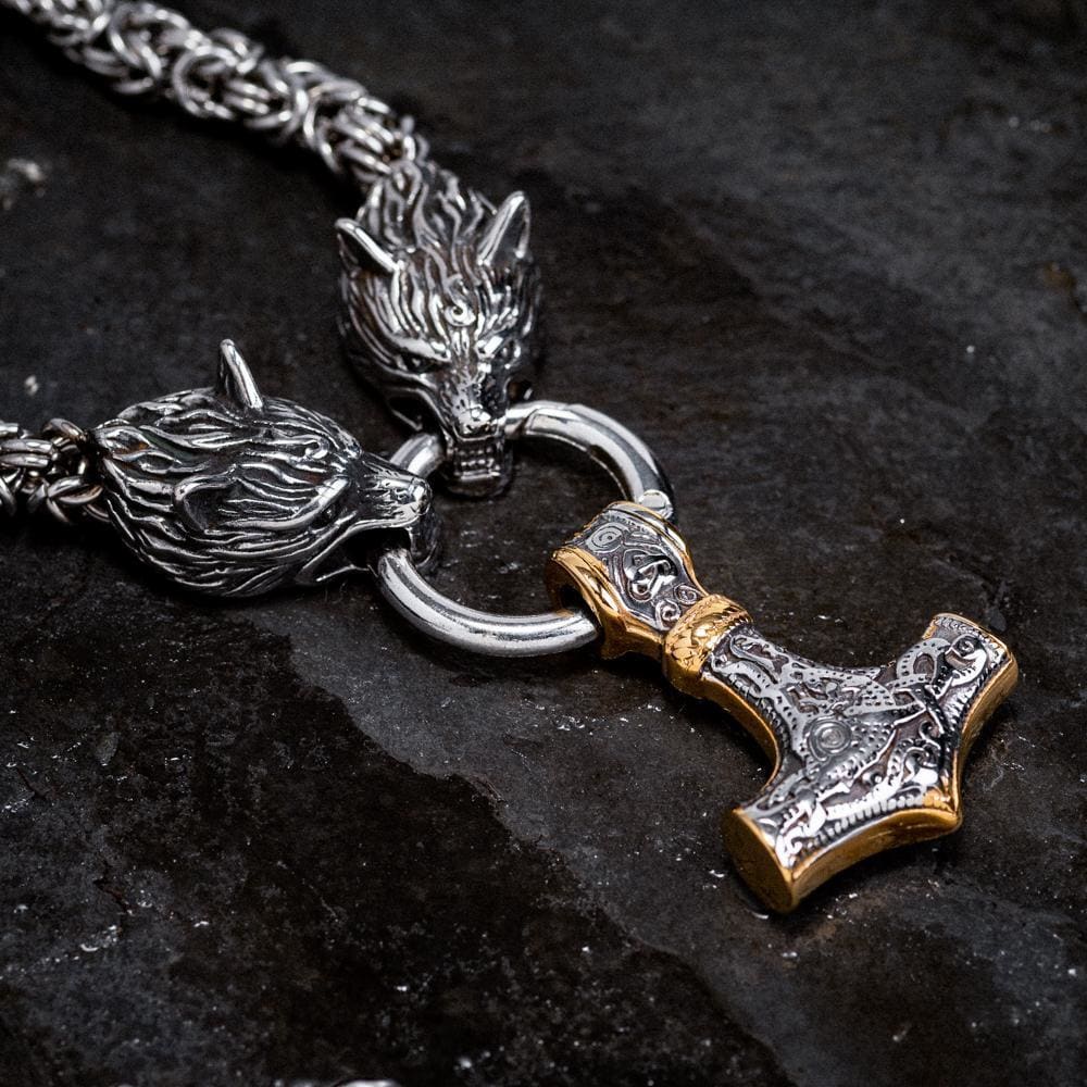 Stainless Steel Dual Color Mjolnir on Woven Stainless Steel Kings Chain-Viking Necklace-Norse Spirit