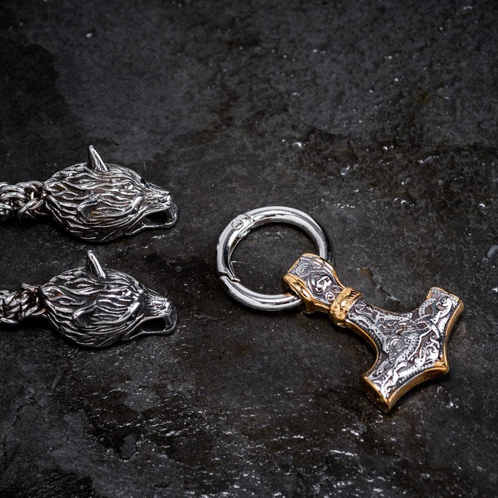 Stainless Steel Dual Color Mjolnir on Woven Stainless Steel Kings Chain-Viking Necklace-Norse Spirit