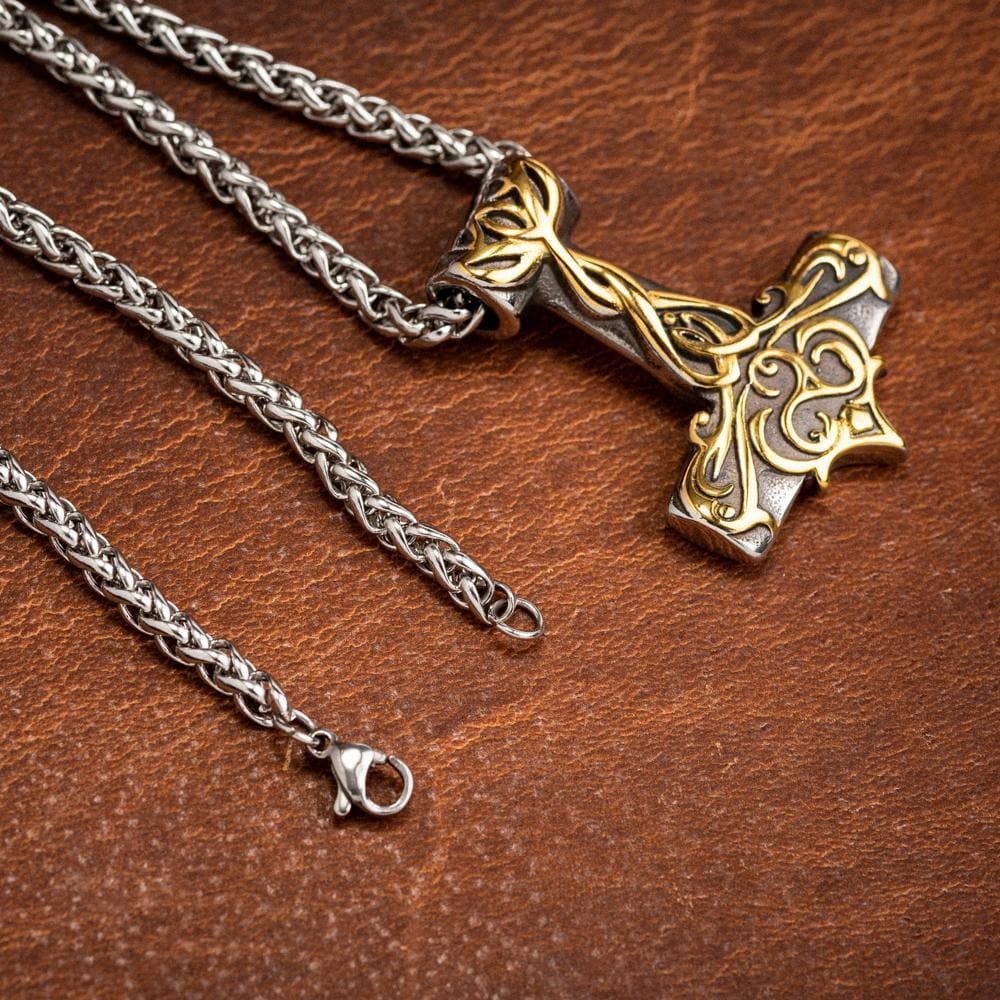 Stainless Steel Dual Color Ornate Thor's Hammer Necklace-Viking Necklace-Norse Spirit
