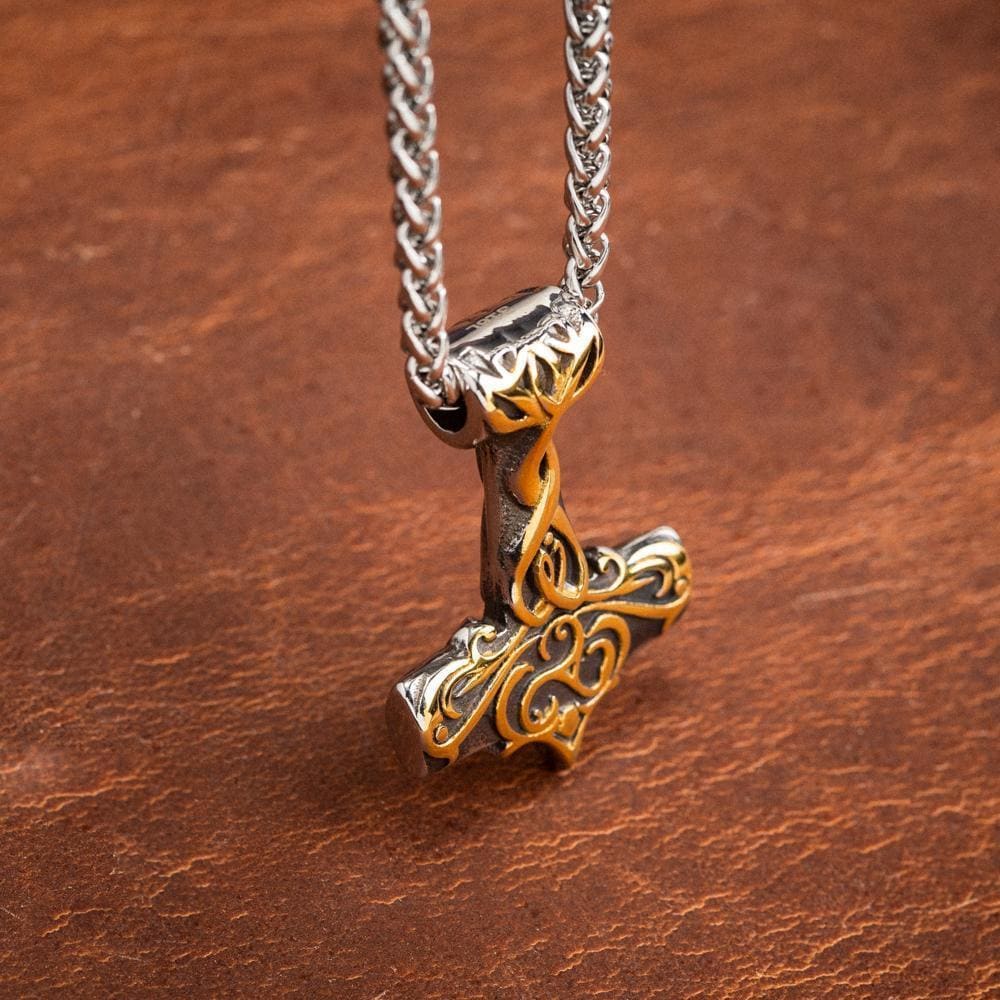 Stainless Steel Dual Color Ornate Thor's Hammer Necklace-Viking Necklace-Norse Spirit