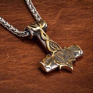 Stainless Steel Dual Color Ornate Thor's Hammer Necklace-Viking Necklace-Norse Spirit