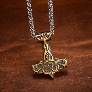 Stainless Steel Dual Color Ornate Thor's Hammer Necklace-Viking Necklace-Norse Spirit