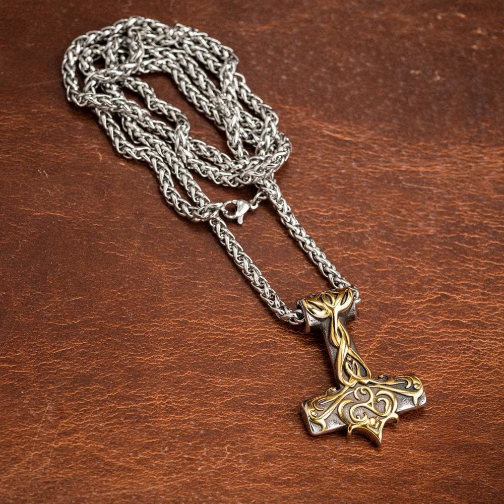 Stainless Steel Dual Color Ornate Thor's Hammer Necklace-Viking Necklace-Norse Spirit
