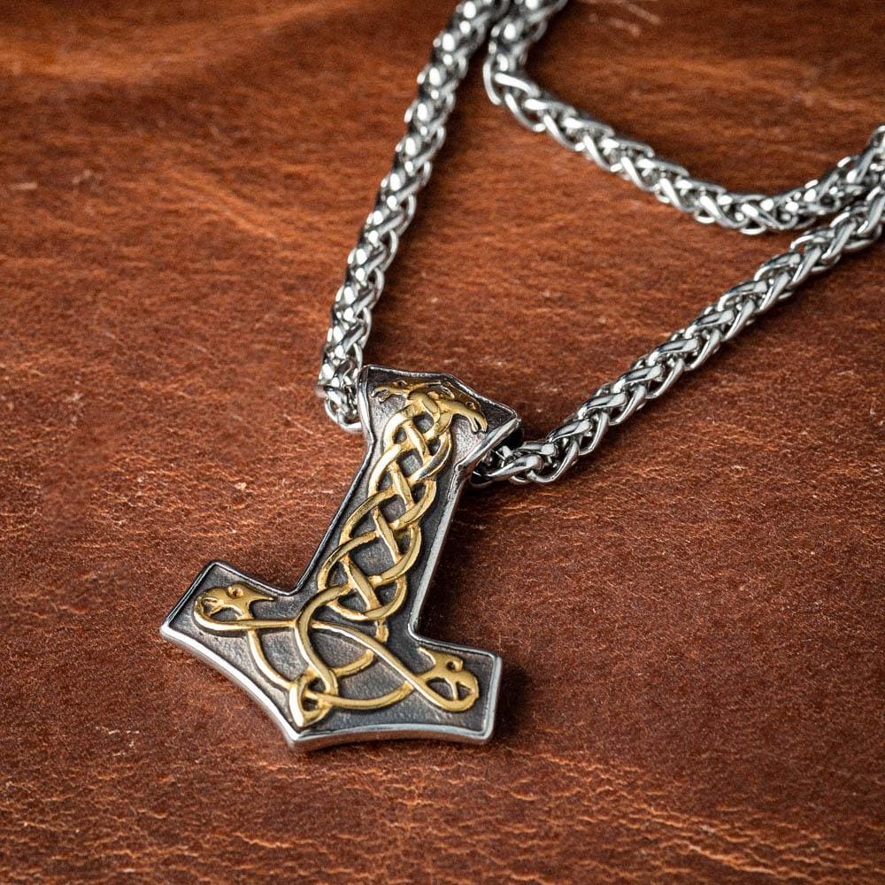 Stainless Steel Dual Color Thor's Hammer Knotwork Necklace-Viking Necklace-Norse Spirit