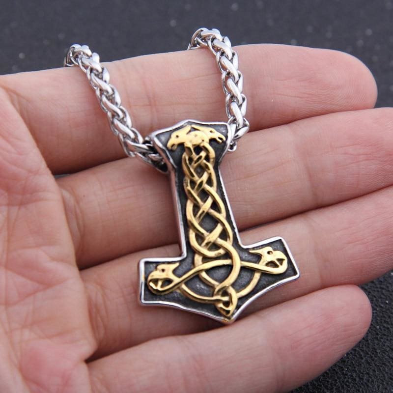 Stainless Steel Dual Color Thor's Hammer Knotwork Necklace