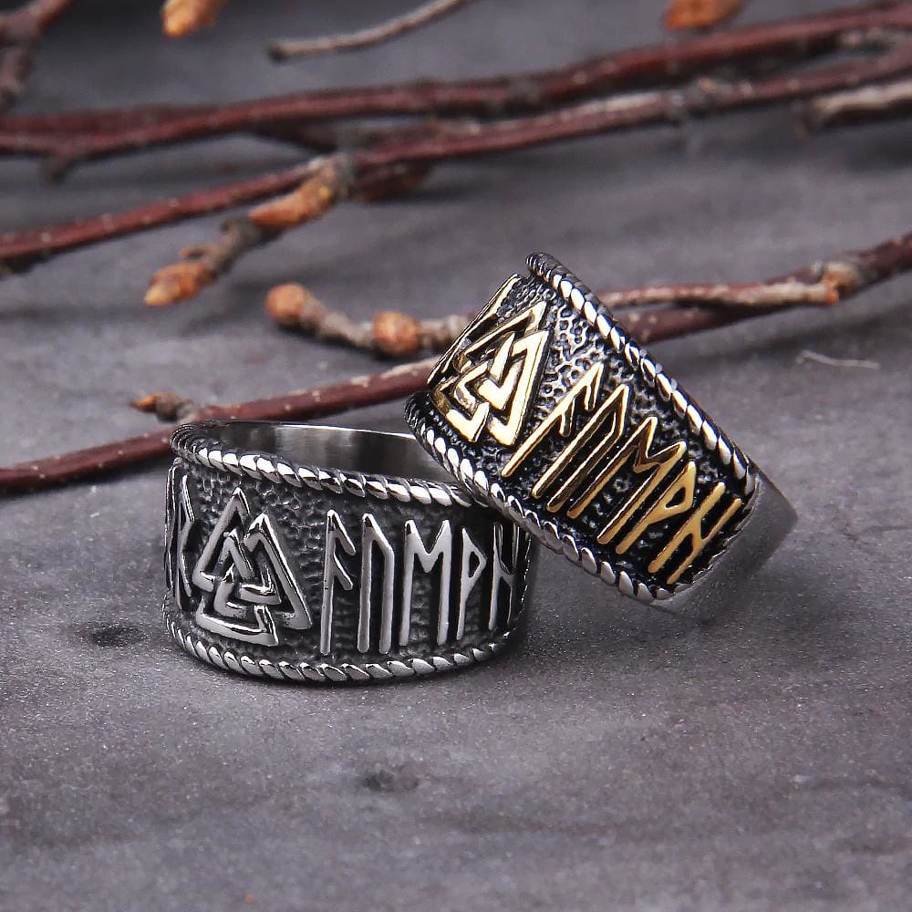 Stainless Steel Valknut and Rune Ring