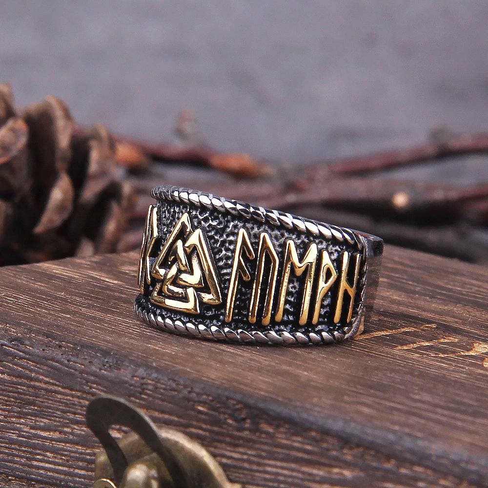 Stainless Steel Valknut and Rune Ring
