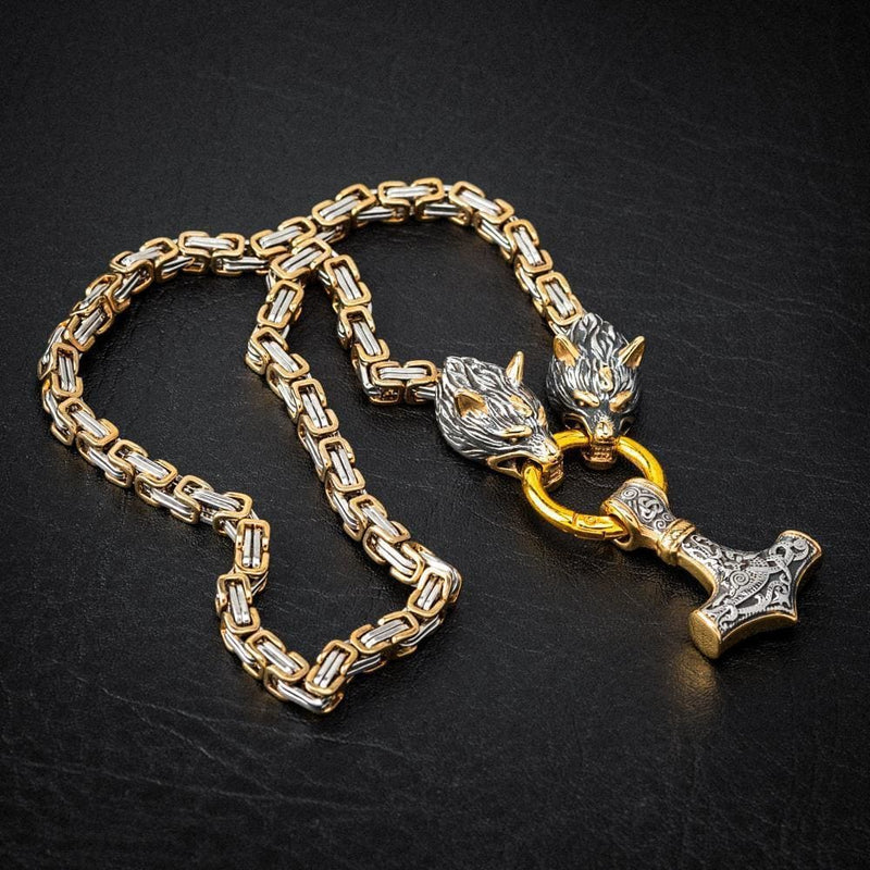Stainless Steel Dual Color Wolf Head Mjolnir Kings Chain - Norse Spirit