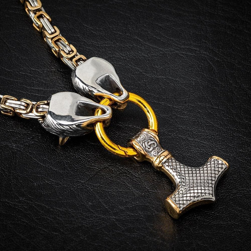 Stainless steel wolf head chain with mjolnir Clearance