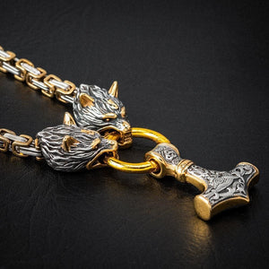 Stainless Steel Dual Color Wolf Head Mjolnir Kings Chain-Viking Necklace-Norse Spirit