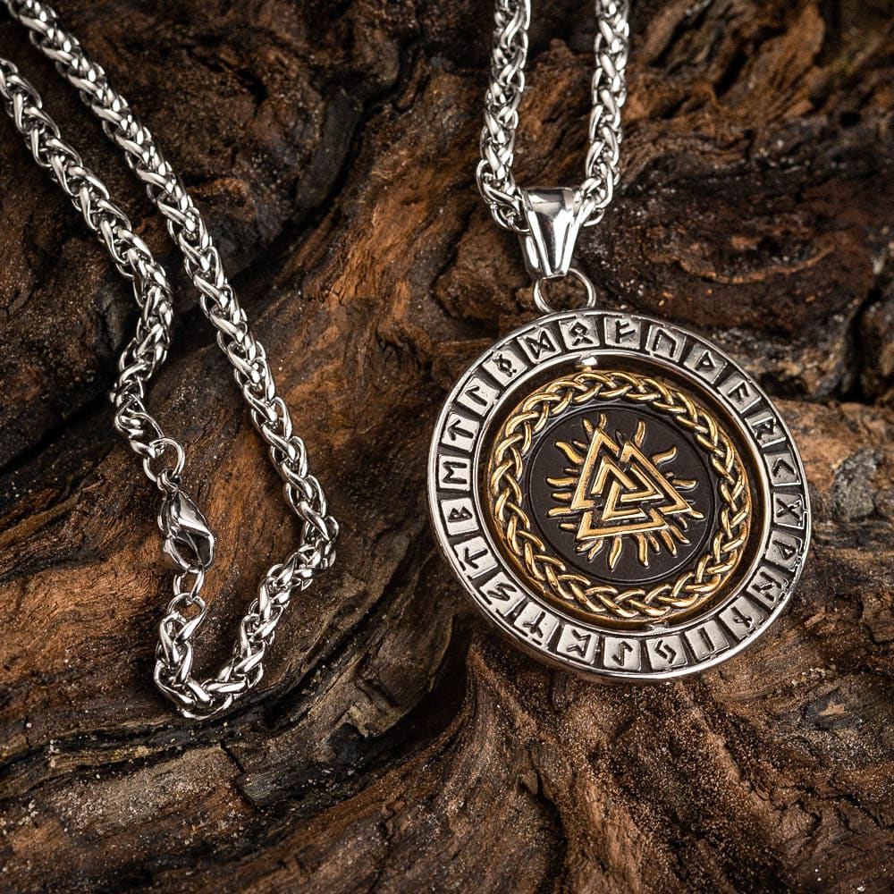Stainless Steel Dual Colored Reversible Valknut and Vegvisir Necklace-Viking Necklace-Norse Spirit
