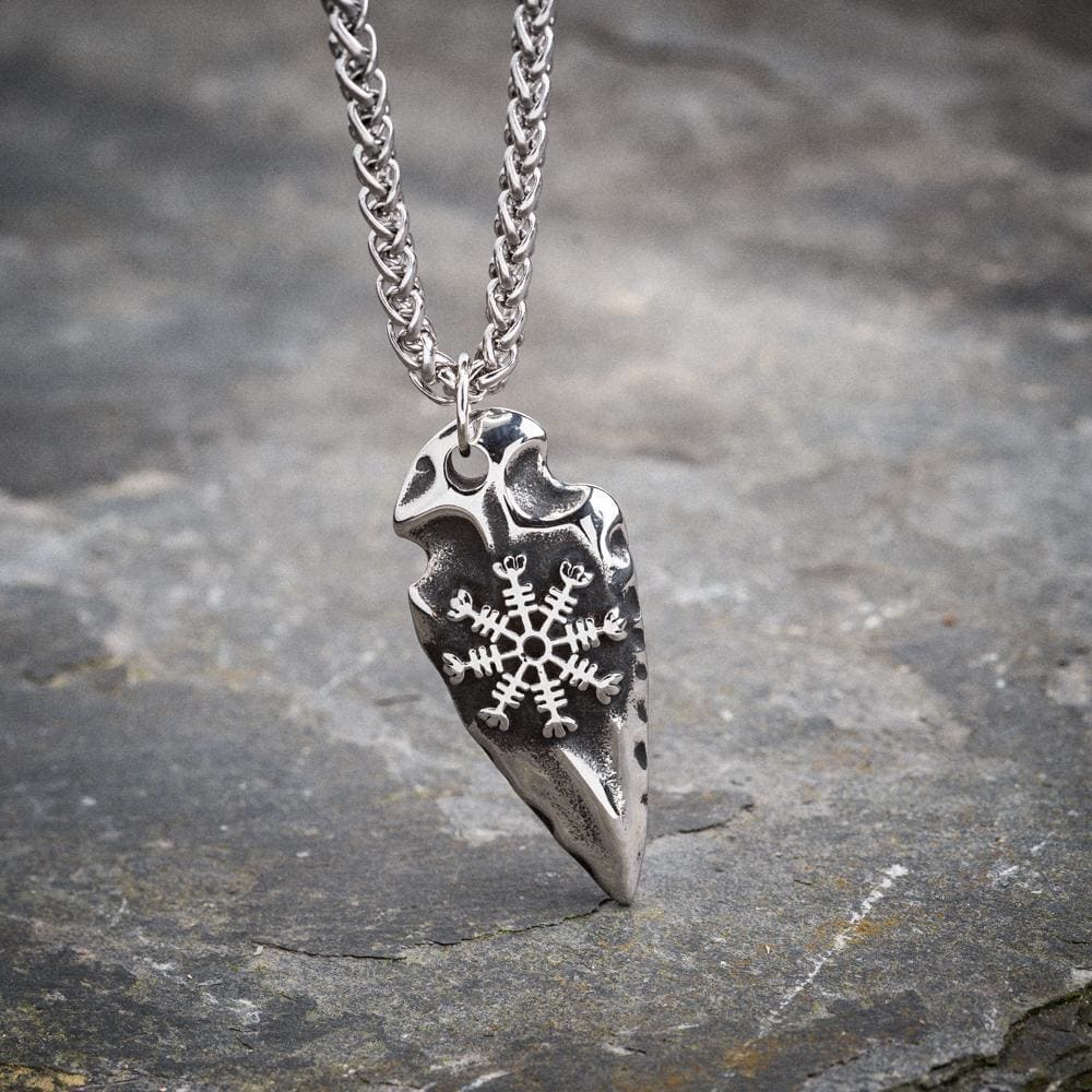 Stainless Steel Flint shape Pendant with Helm of Awe-Viking Necklace-Norse Spirit