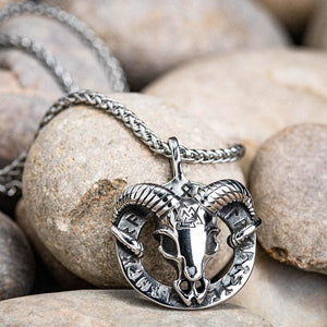 Stainless Steel Goat Head Necklace with Valknut and Runes-Viking Necklace-Norse Spirit