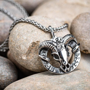 Stainless Steel Goat Head Necklace with Valknut and Runes-Viking Necklace-Norse Spirit